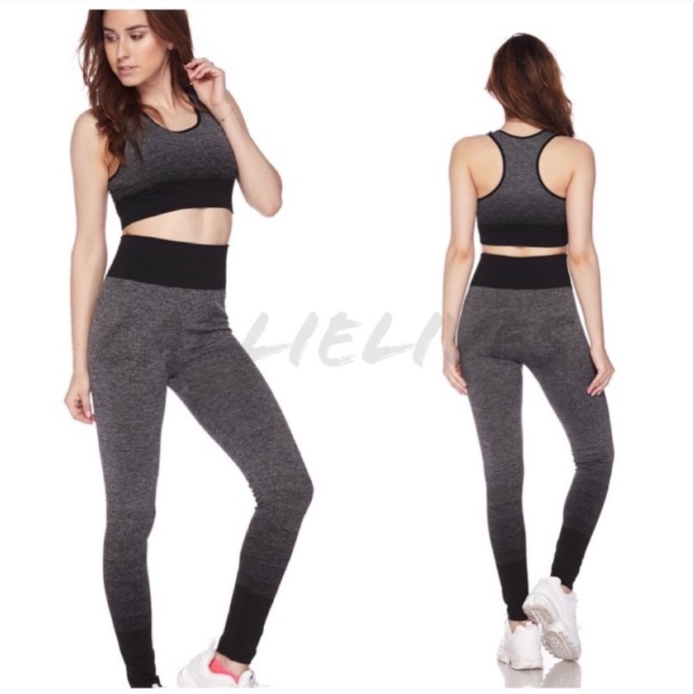 HP! Miz Marled Gray Black ombré Activewear Sport Bra Leggings Set